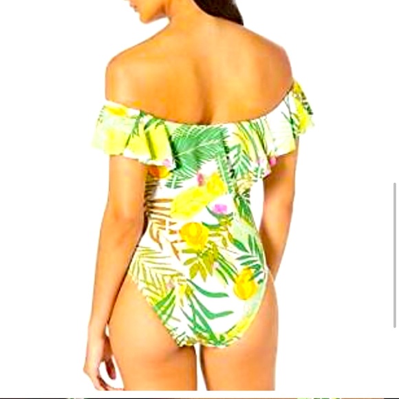 🌴🍍🌸$154 TRINA TURK Green Tropical Print Off Shoulder Ruffle Swimsuit Size 8 - Picture 3 of 11